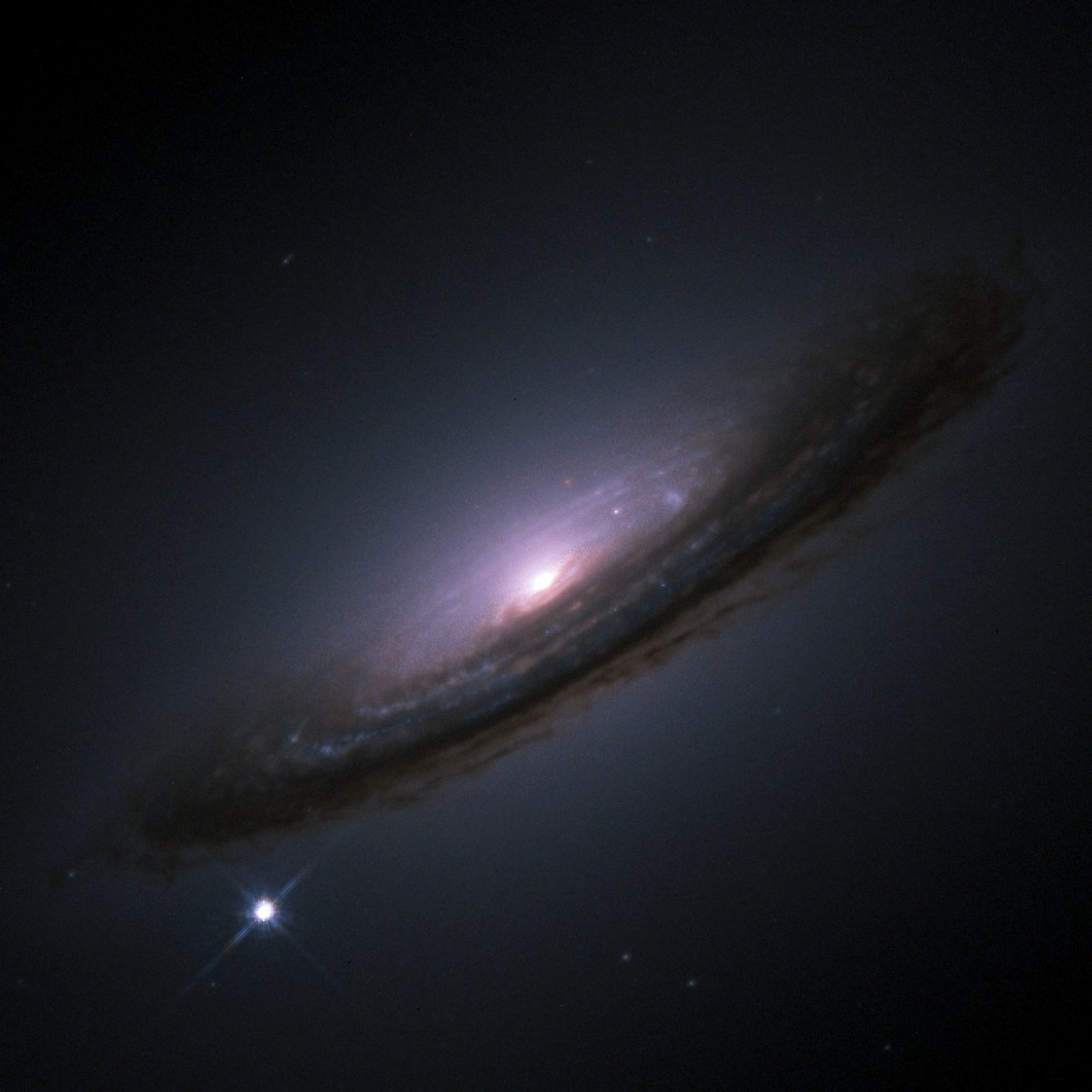 Una galaxia espiral vista de canto con una banda oscura de polvo, y abajo a la izquierda una estrella brillante y aislada: la supernova.