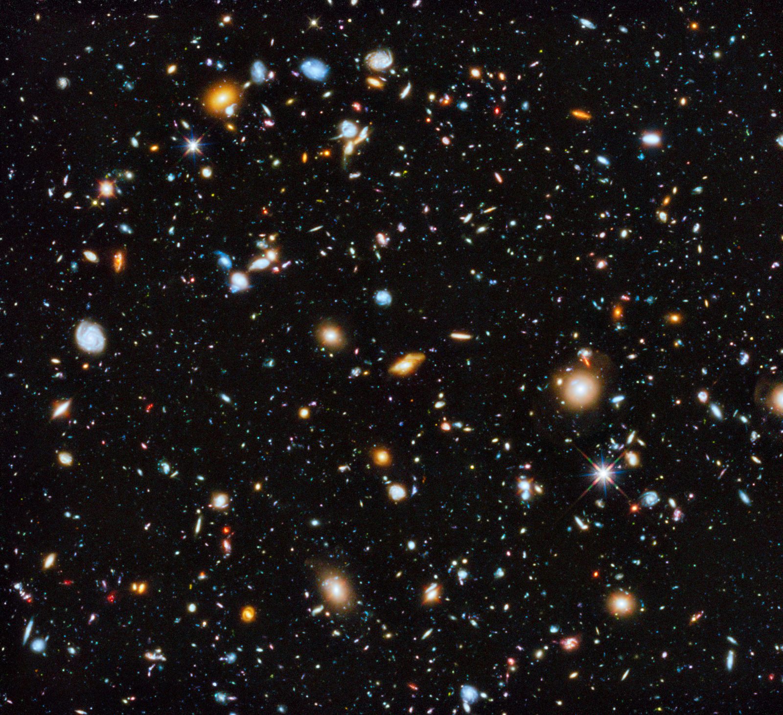 Un campo negro sembrado de galaxias de todos los tamaños y colores, espirales, ovaladas y motas rojizas.