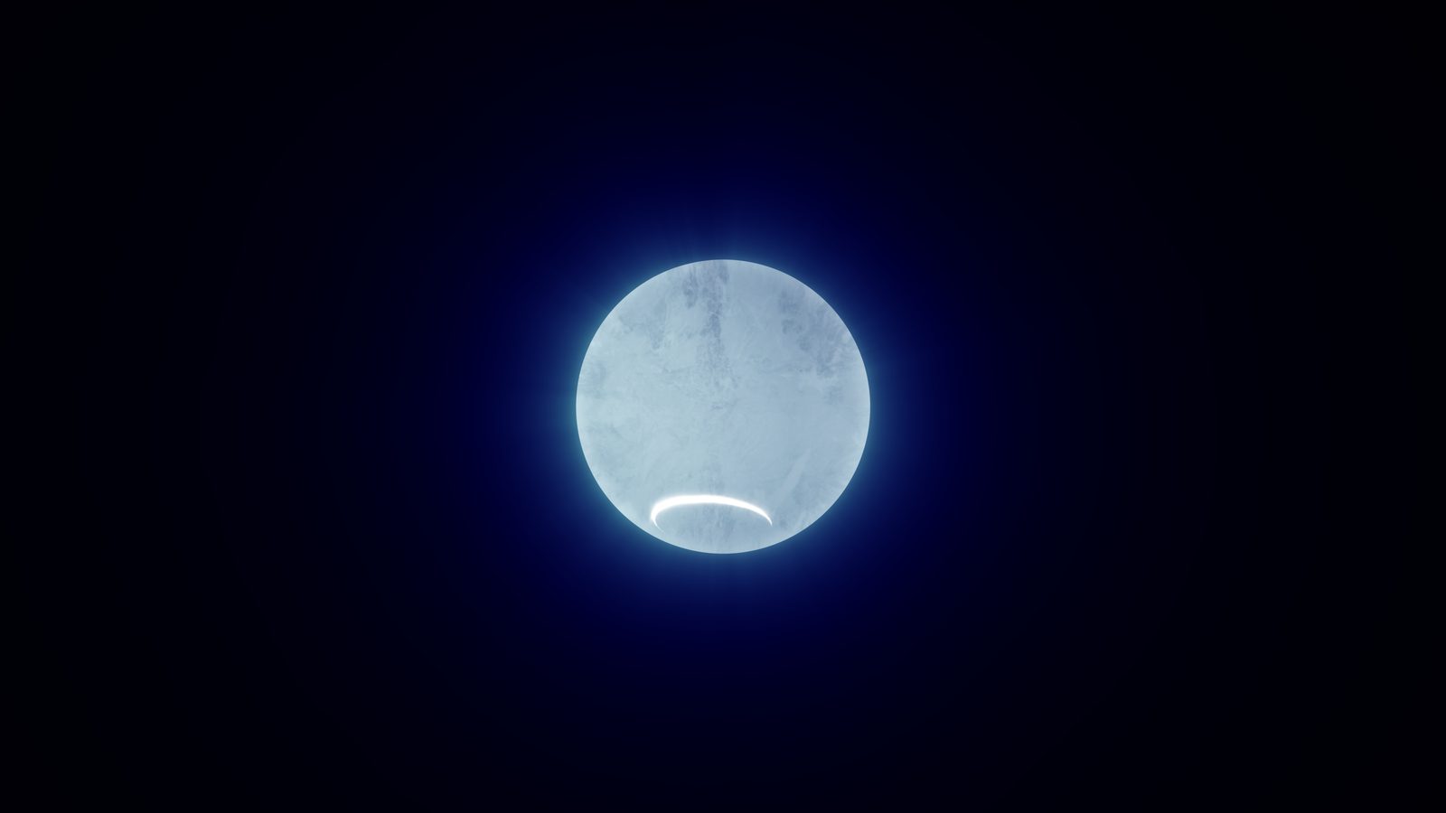 Pequeña esfera azul pálida rodeada de un halo azul sobre fondo negro; sobre su mitad inferior brilla un arco blanco estirado.