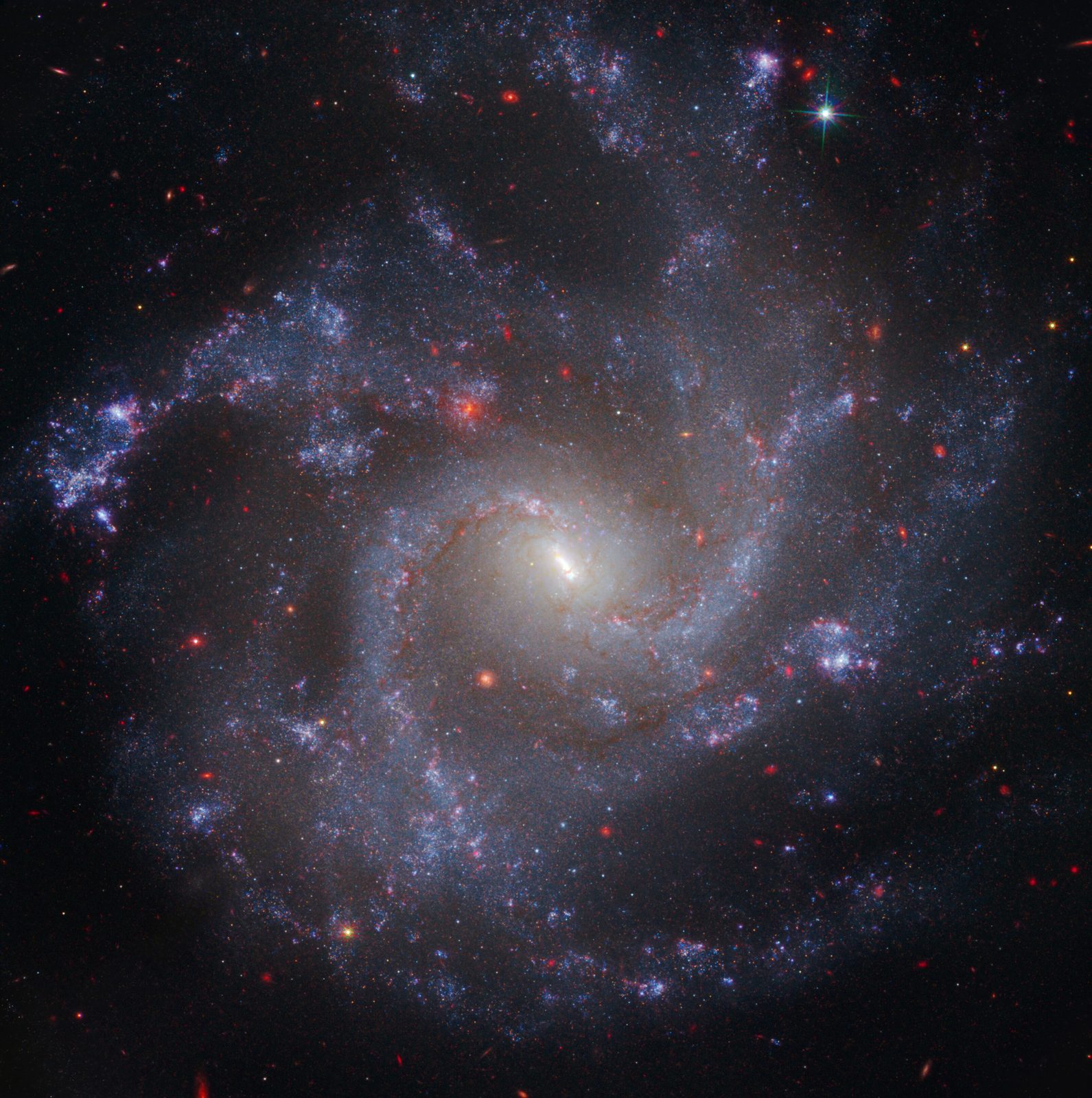 Una galaxia espiral vista de frente, con cuatro brazos azulados salpicados de manchas rosadas y un centro amarillo cruzado por una barra.