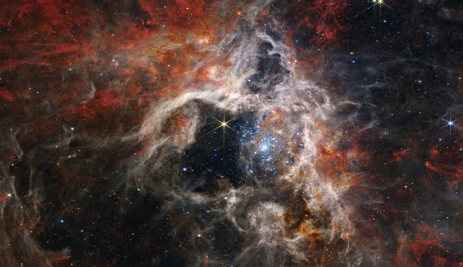 Una caverna de gas azulado excavada en una nube naranja, con un enjambre de estrellas jóvenes en el centro y filamentos que se abren como patas.