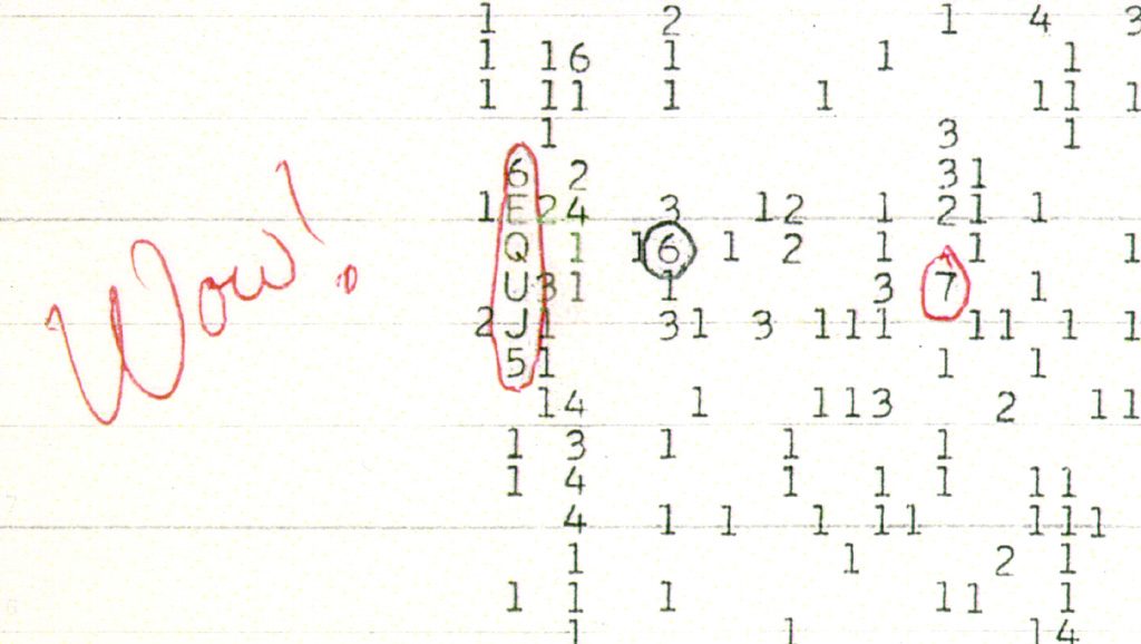Listado impreso de columnas de números y letras del radiotelescopio, con una secuencia rodeada a mano en rojo y la palabra Wow escrita al margen.