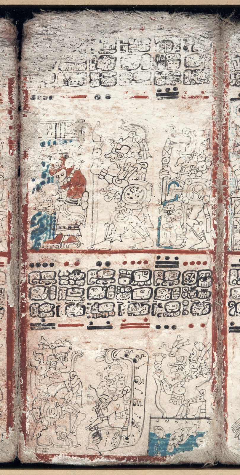 Página de un manuscrito maya con columnas de barras y puntos, glifos y figuras pintadas en rojo, negro y azul.