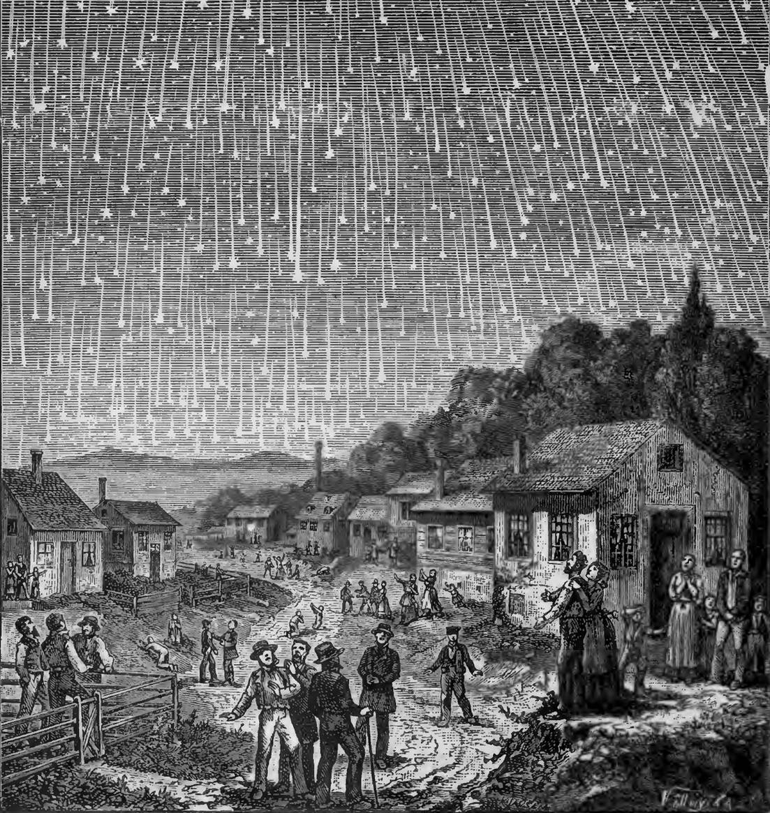 Grabado en blanco y negro: un cielo nocturno cubierto de cientos de trazos de meteoros que caen sobre un pueblo; en la calle, los vecinos miran hacia arriba.